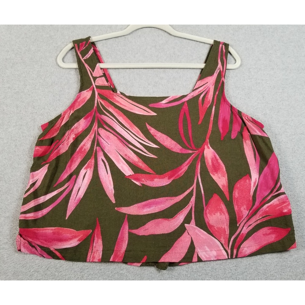 Time and Tru Tank Top Women L Large Green Pink Tropical Leave Linen Blend Summer